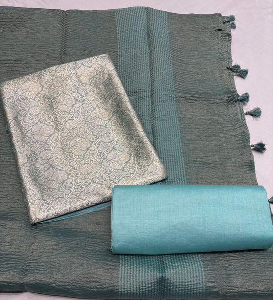 DUSTY TEAL BROCADE UNSTITCHED SUIT WITH CRUSHED TISSUE DUPATTA &CHANDERI SILK BOTTOM