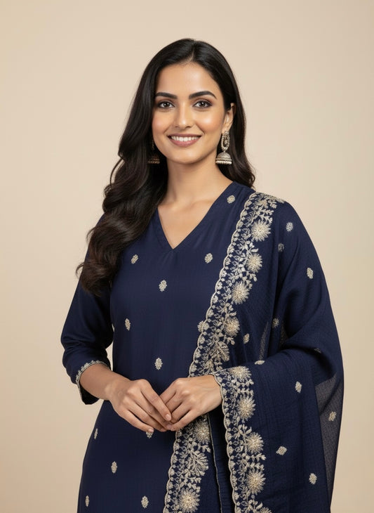 NAVY BLUE PLANT BASED SILK EMBROIDERED UNSTITCHED SUIT