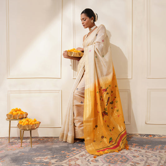 CHANDERI JAMDANI SAREE WITH YELLOW COLOUR CONTRAST PALLA & BLOUSE (DELIVERY IN 20 DAYS)
