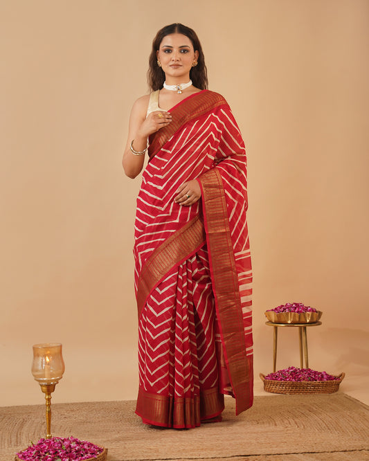 RED COLOUR CHANDERI PRINTED SAREE WITH ANTIQUE ZARI BORDER