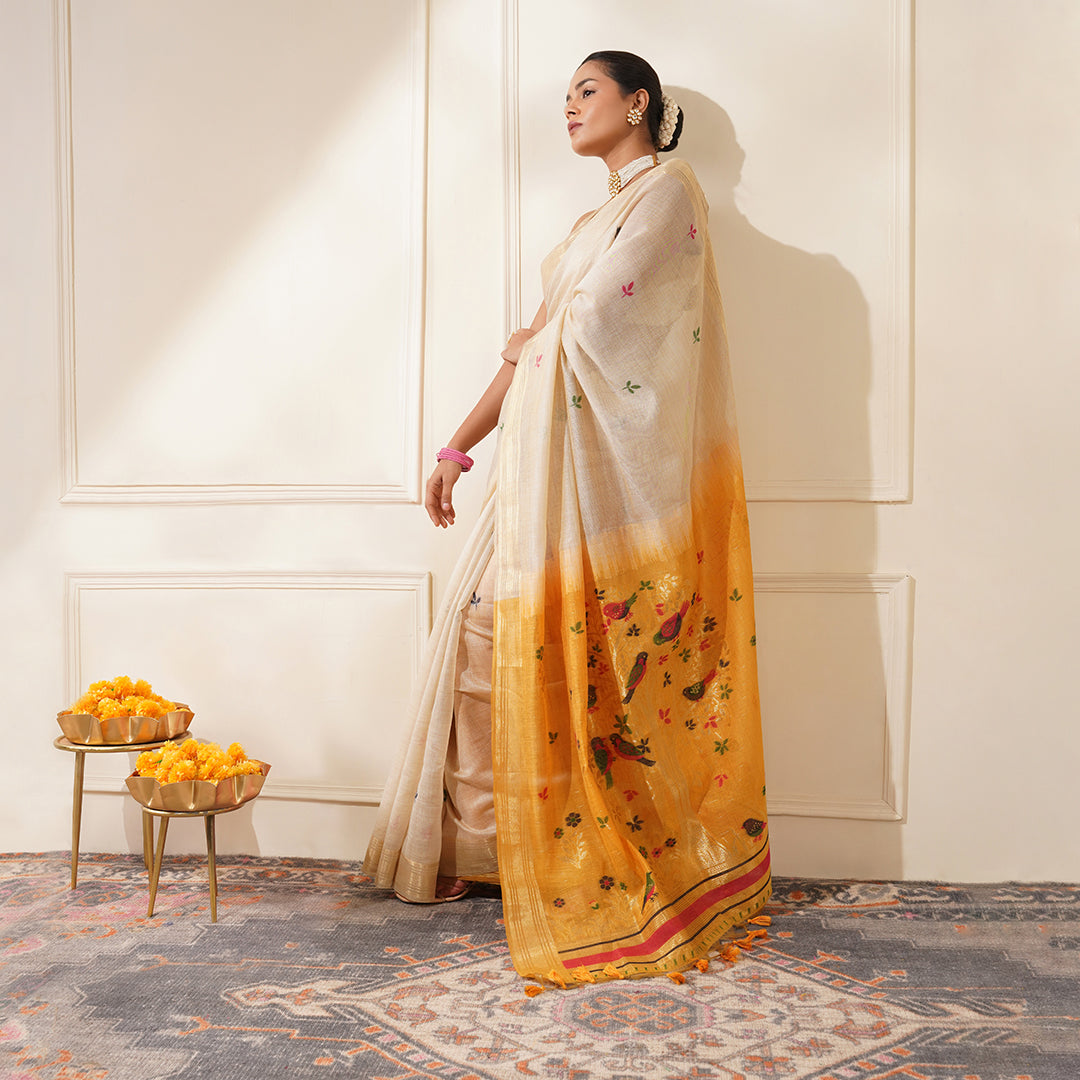 CHANDERI JAMDANI SAREE WITH YELLOW COLOUR CONTRAST PALLA & BLOUSE