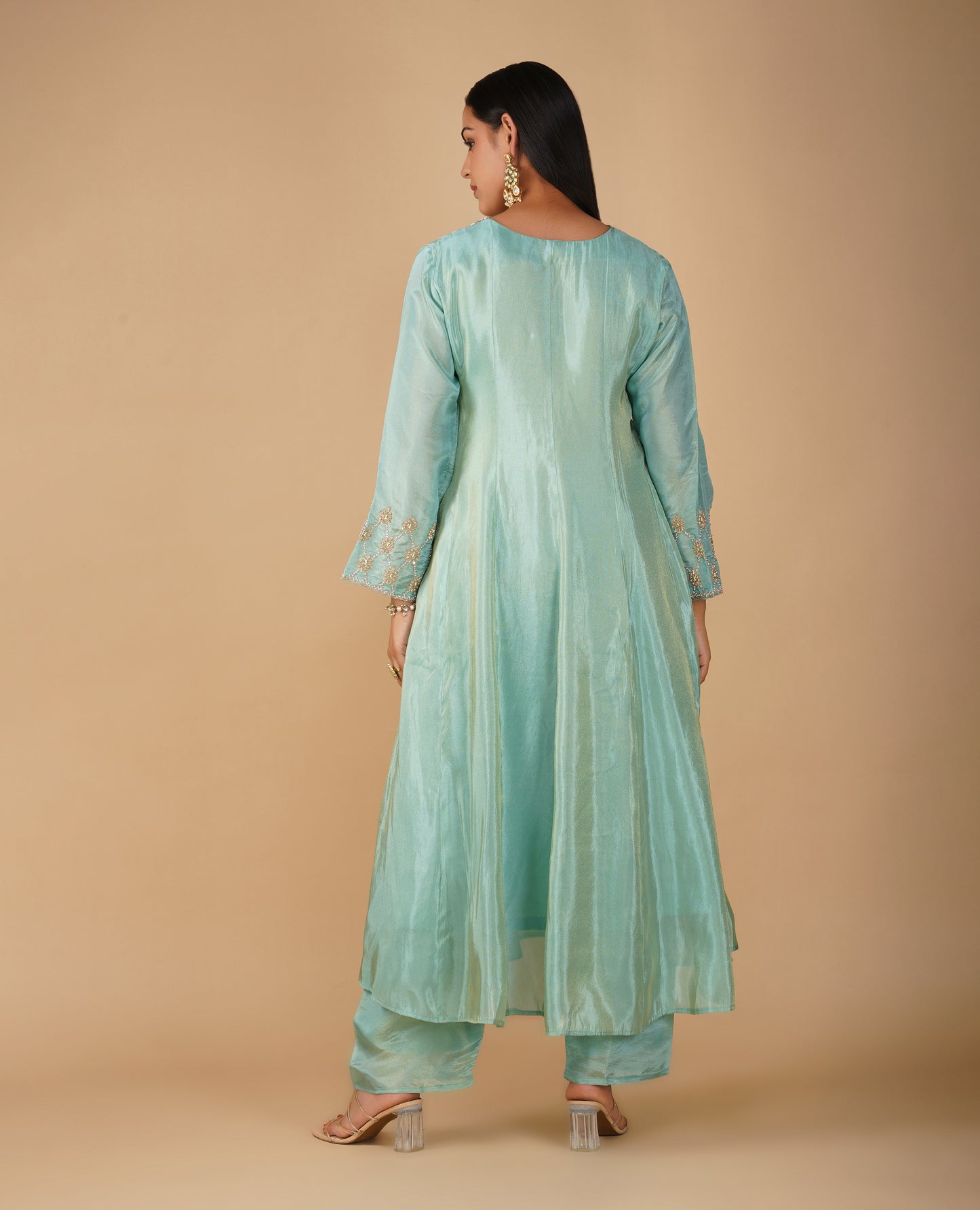 ( DELIVERY IN 20 DAYS ) SEAFOAM BLUE TISSUE ANARKALI SUIT WITH ZARDOZI EMBROIDERY PAIRED WITH PALAZZO AND DUPATTA