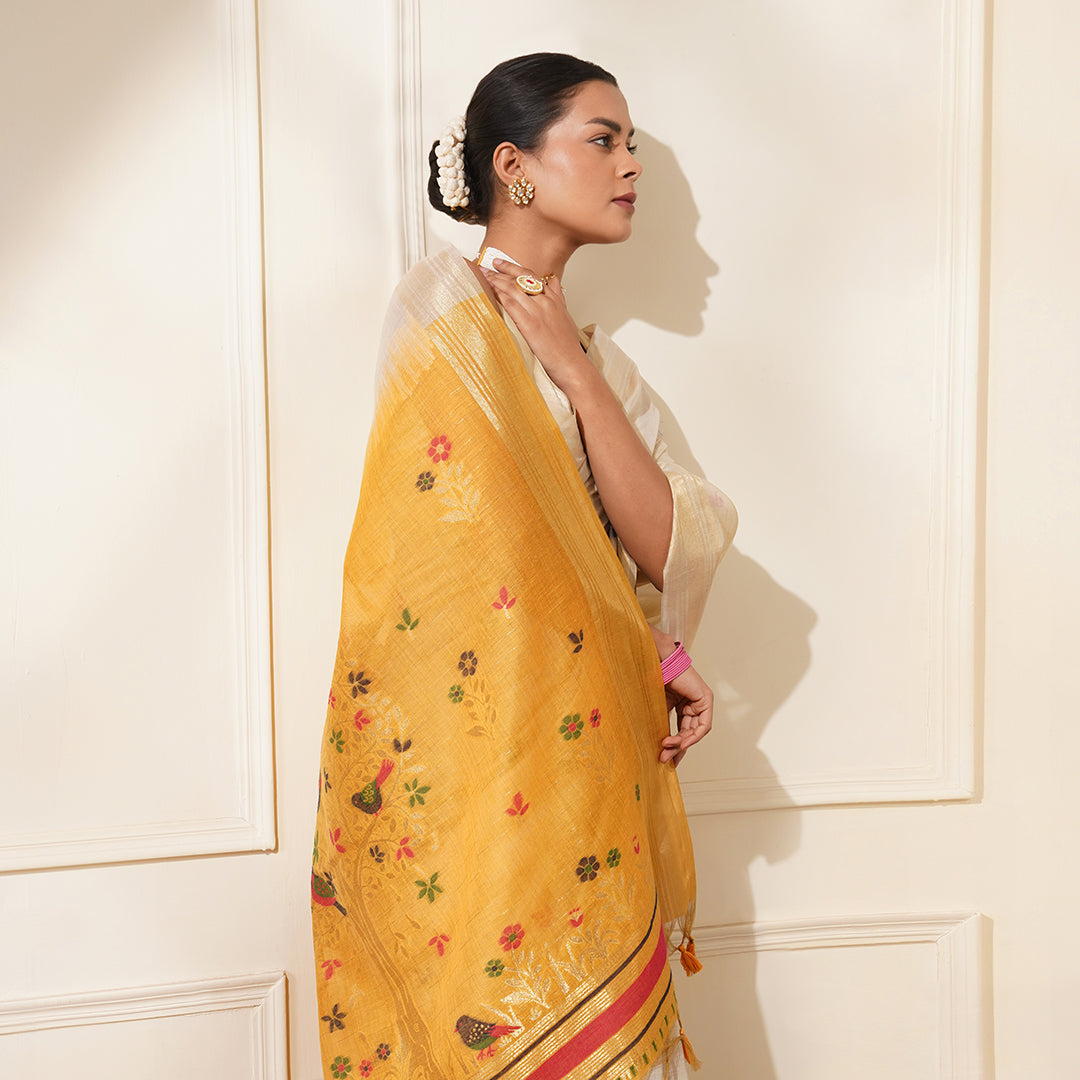 CHANDERI JAMDANI SAREE WITH YELLOW COLOUR CONTRAST PALLA & BLOUSE