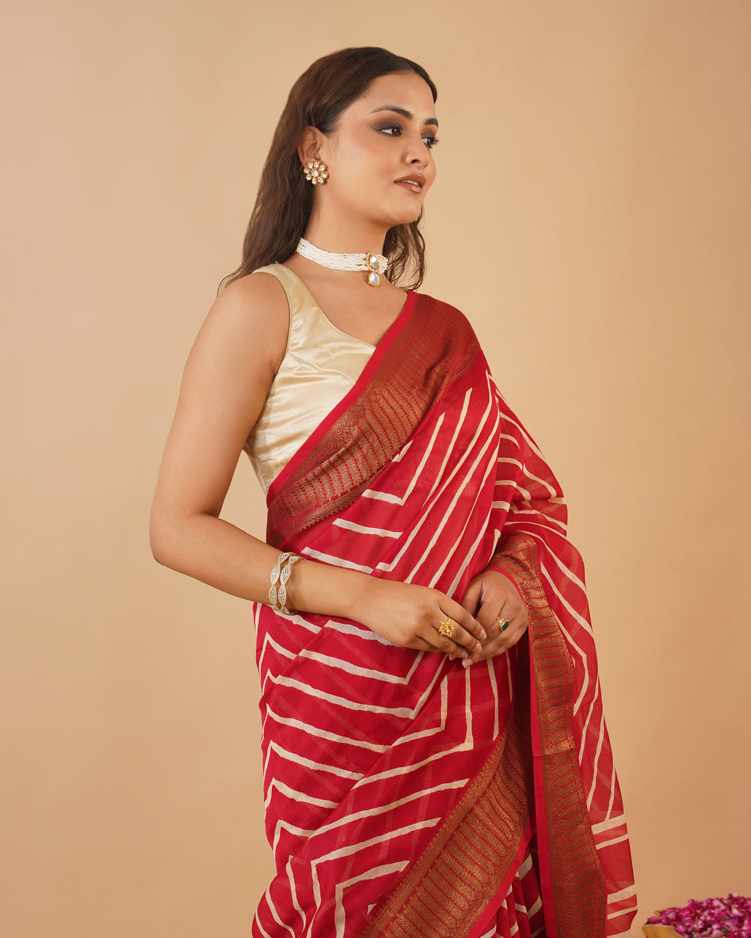 RED COLOUR CHANDERI PRINTED SAREE WITH ANTIQUE ZARI BORDER