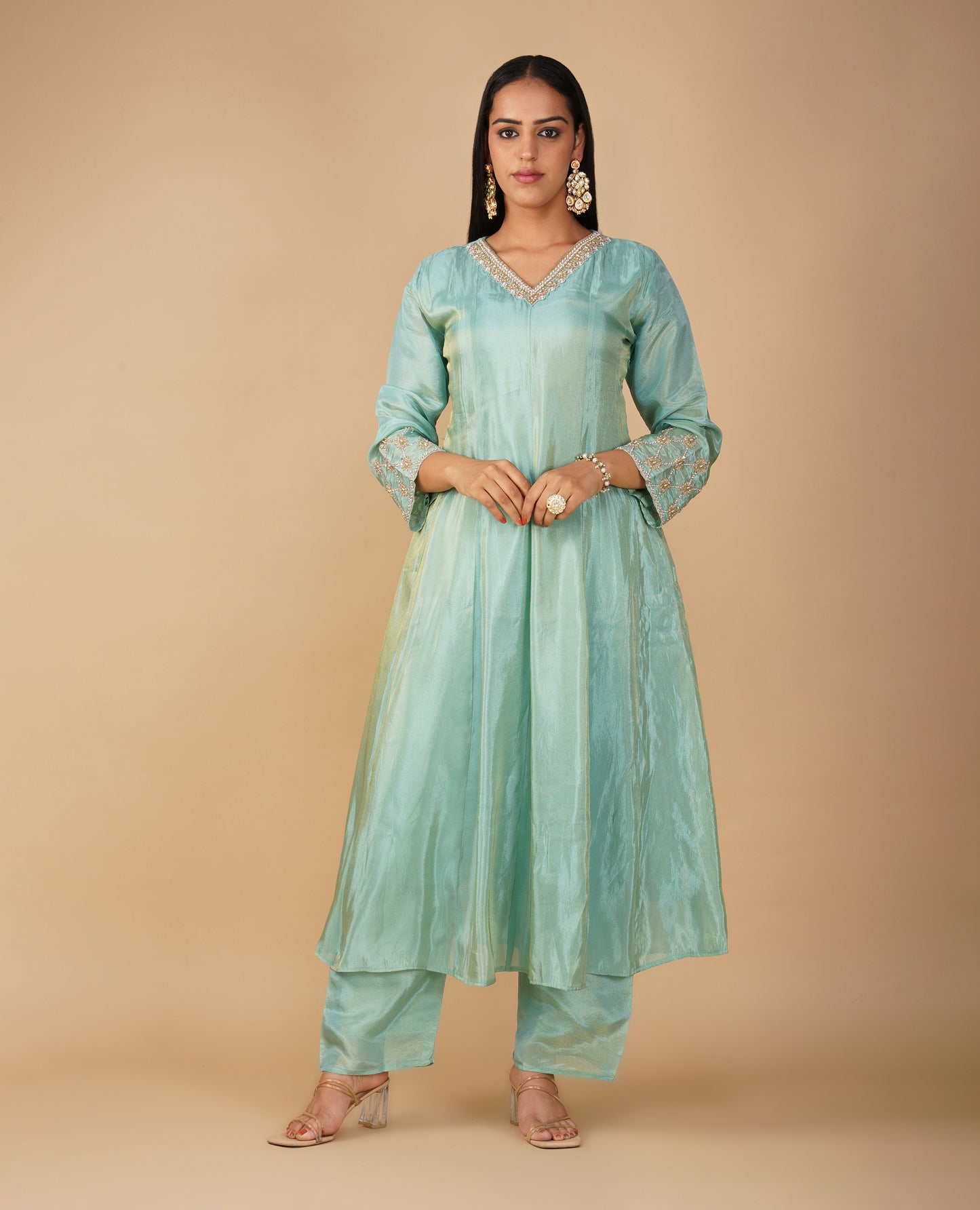 ( DELIVERY IN 20 DAYS ) SEAFOAM BLUE TISSUE ANARKALI SUIT WITH ZARDOZI EMBROIDERY PAIRED WITH PALAZZO AND DUPATTA