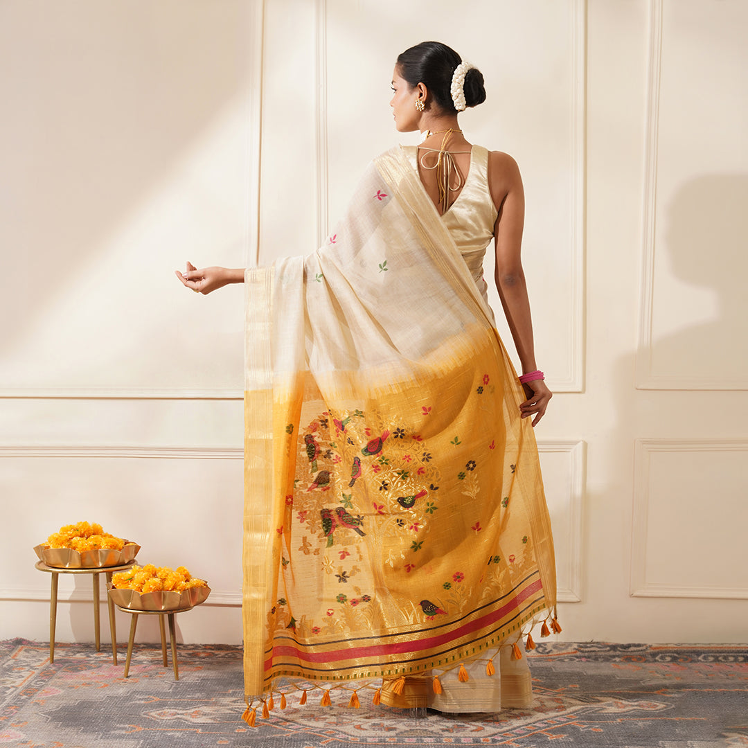 CHANDERI JAMDANI SAREE WITH YELLOW COLOUR CONTRAST PALLA & BLOUSE