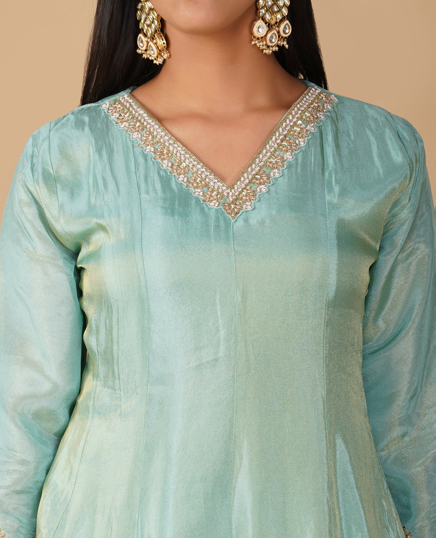 ( DELIVERY IN 20 DAYS ) SEAFOAM BLUE TISSUE ANARKALI SUIT WITH ZARDOZI EMBROIDERY PAIRED WITH PALAZZO AND DUPATTA