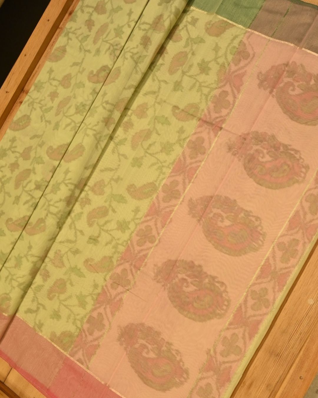 SEA GREEN POWERLOOM CHANDERI SAREE WITH IKAT WEAVE PATTERN
