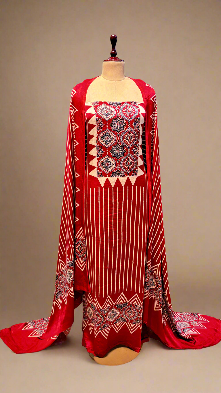 RED MODAL SATIN AJRAKH PRINTED UNSTITCHED SUIT