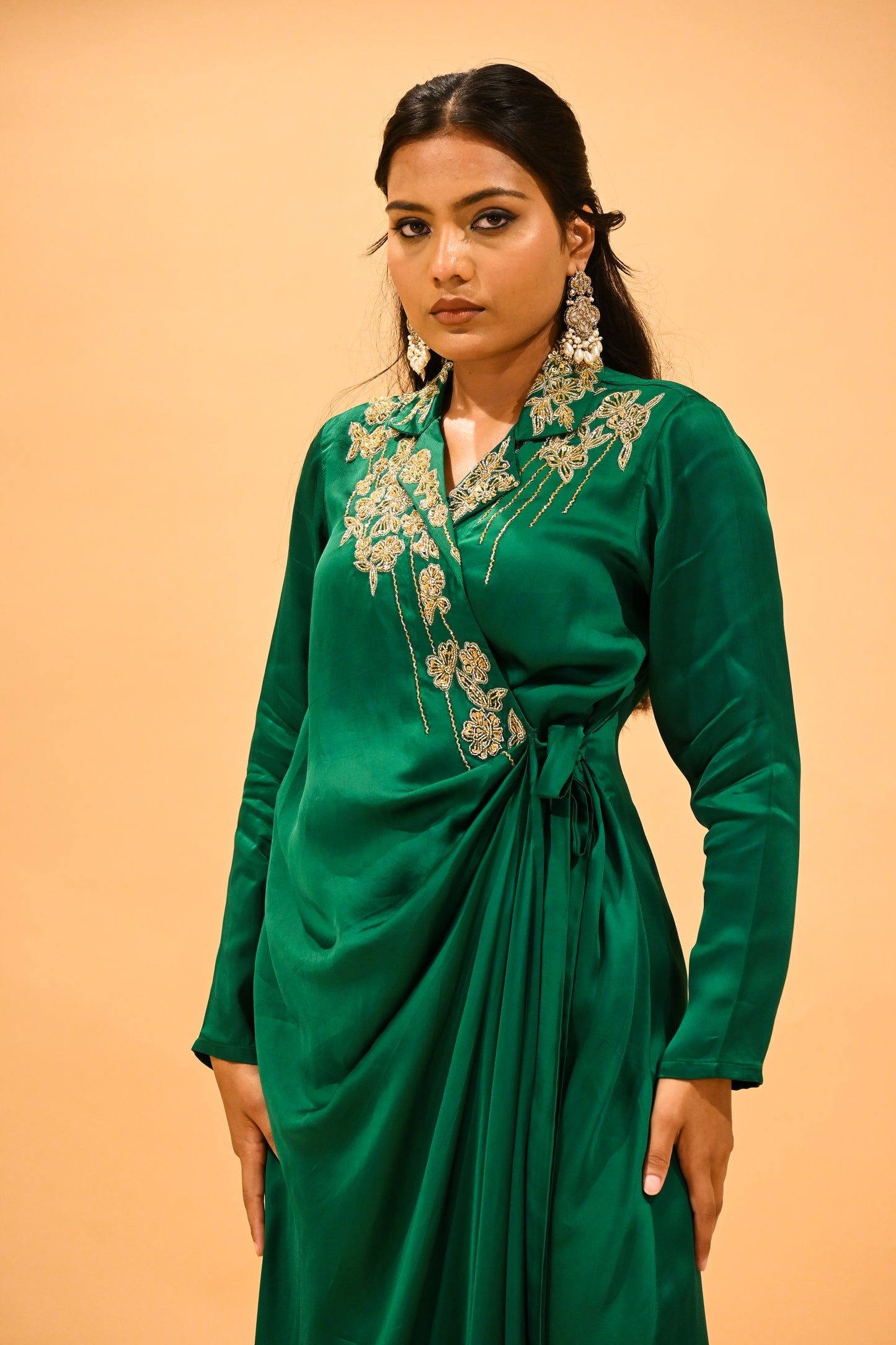 EMERALD GREEN SATIN DRESS WITH ZARDOZI EMBROIDERY