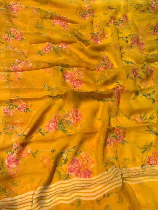 MUSTARD COLOUR SHADED CHIFFON FLORAL PRINTED SAREE