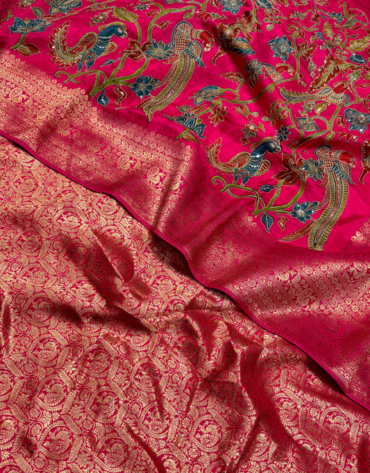 RANI COLOUR KALAMKARI SILK SAREE WITH EMBROIDERY AND WOVEN ZARI BORDER & PALLA