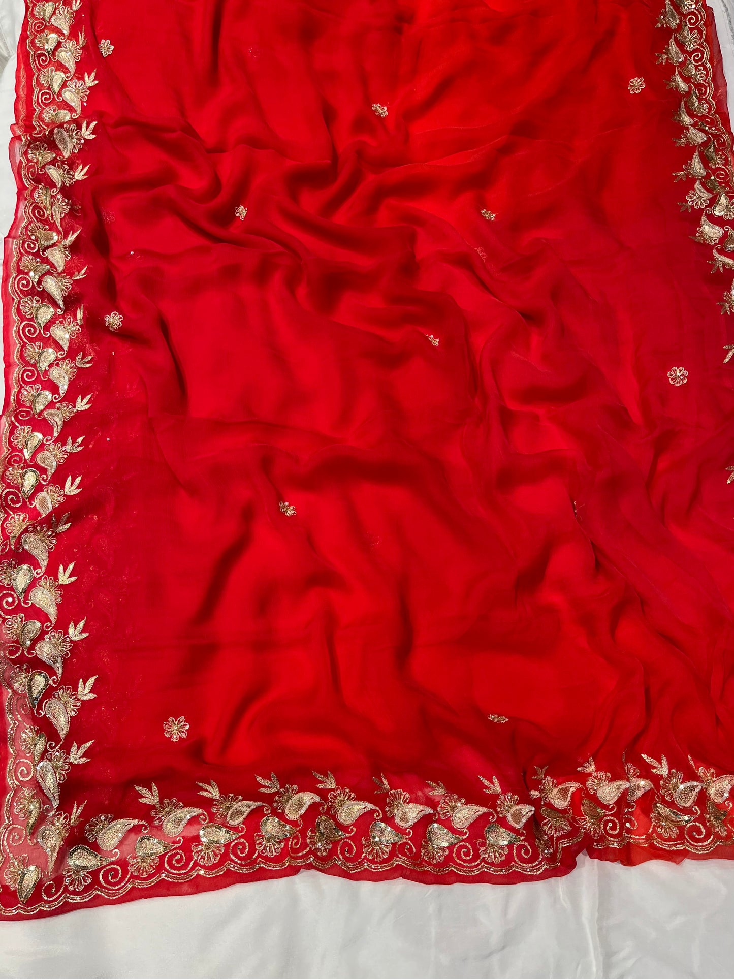 RED CHIFFON EMBROIDERED SAREE WITH SEQUINS & AARI WORK - Kothari Sons