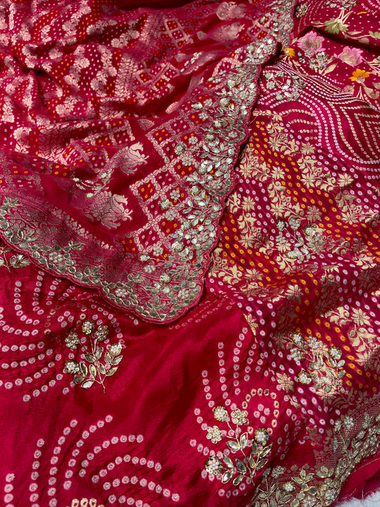 RASPBERRY PINK GEORGETTE BANDHANI LEHENGA EMBELLISHED WITH GOTA PATTI & ZARDOZI WORK
