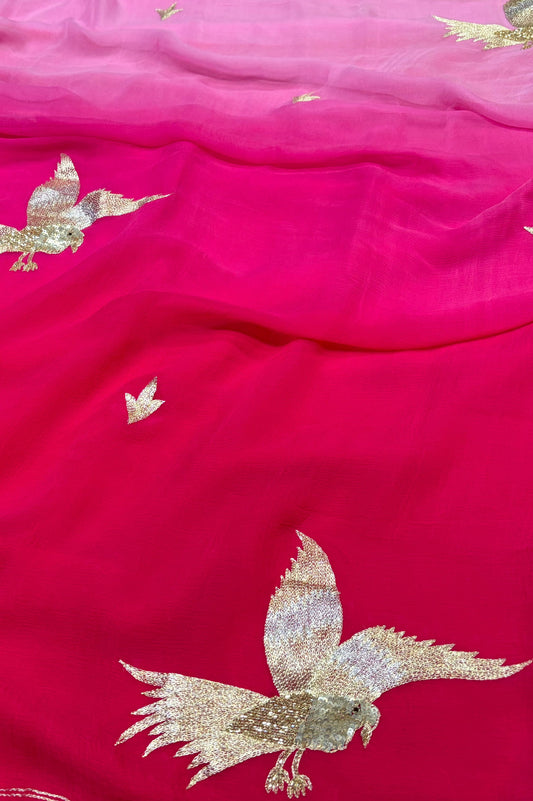 AARI SEQUINS EMBROIDERED BRID MOTIFS ON PINK SHADED CHIFFON SAREE