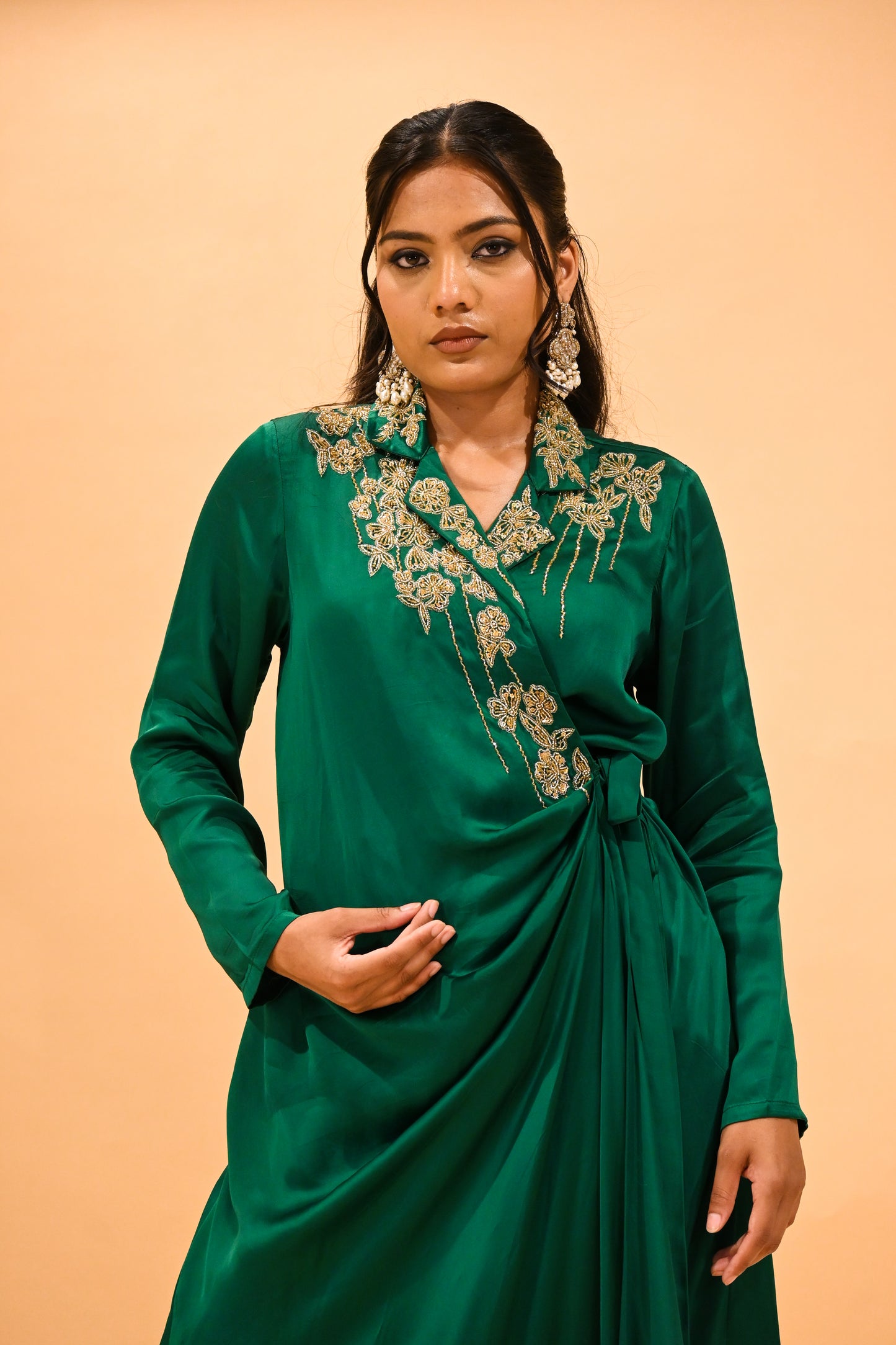 EMERALD GREEN SATIN DRESS WITH ZARDOZI EMBROIDERY