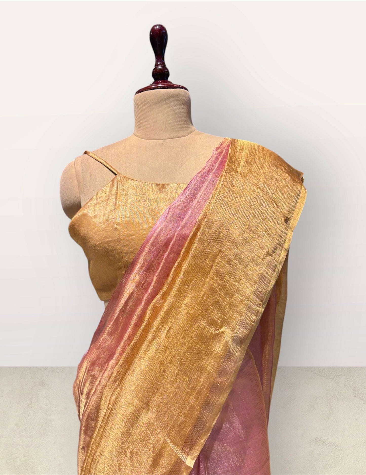 GOLDEN MACLENO & PINK TISSUE SAREE WITH FUCHSIA COLOUR RAW SILK PALLA