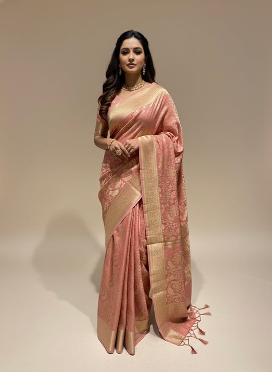 PEACH MYSORE CREPE SILK SAREE EMBELLISHED WITH ZARI WEAVES
