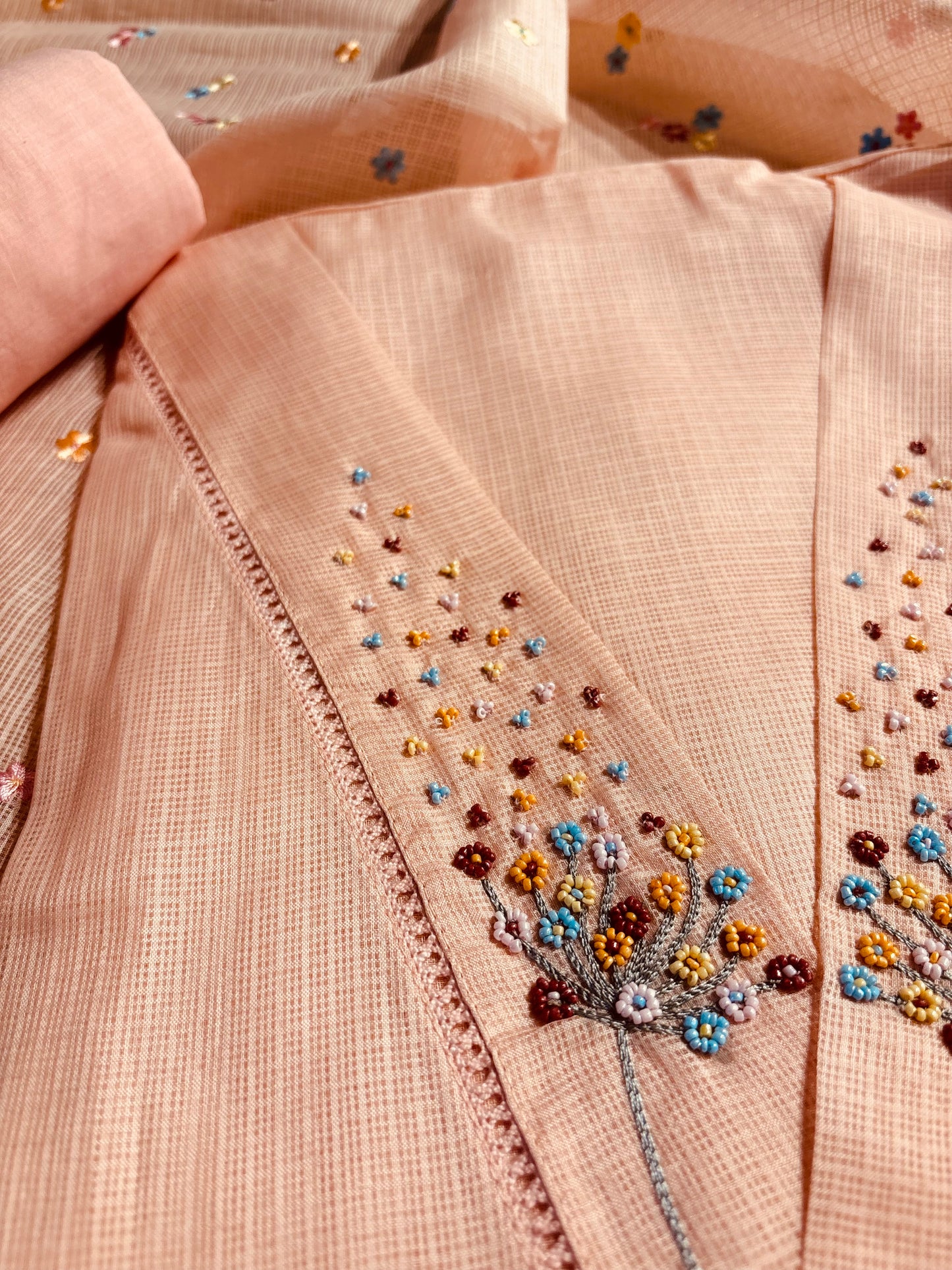 Tropical peach colour Kota Doria unstiched suit