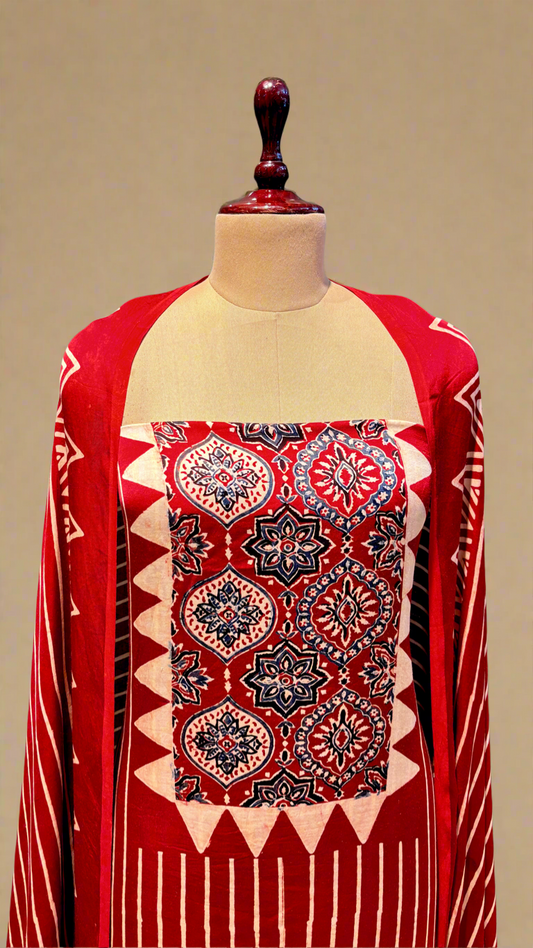 RED MODAL SATIN AJRAKH PRINTED UNSTITCHED SUIT