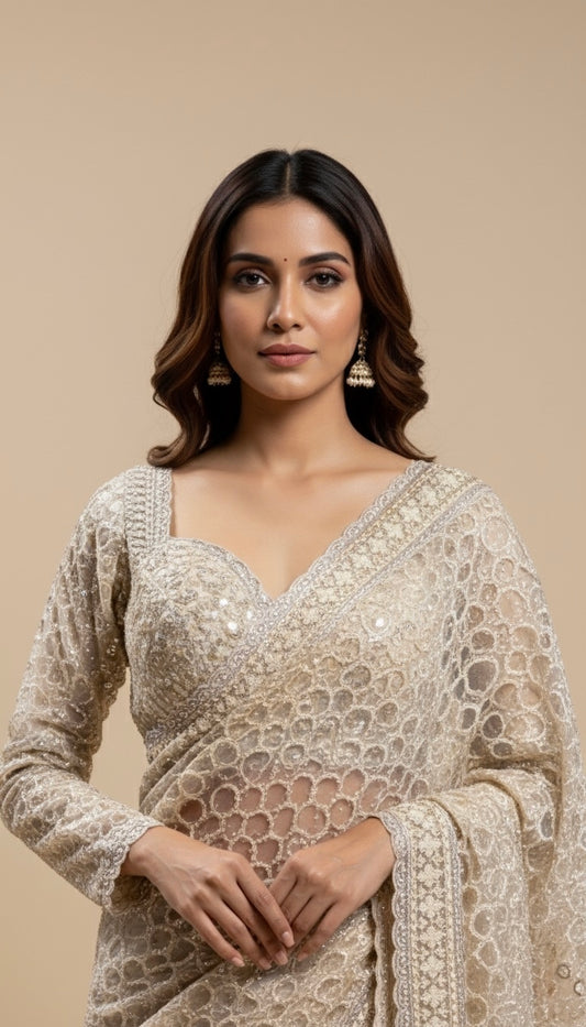 CHAMPAGNE BEIGE COLOUR NET SAREE WITH SEQUIN EMBROIDERY AND READYMADE BLOUSE
