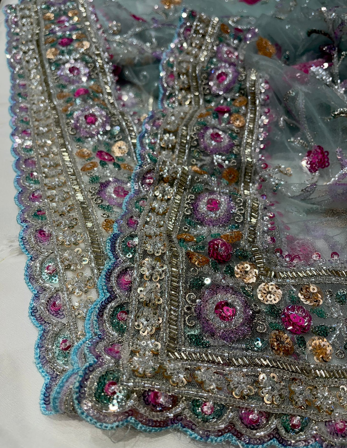 PASTEL BLUE NET SAREE EMBELLISHED WITH SEQUINS & CUTDANA WORK PAIRED WITH A READYMADE BLOUSE