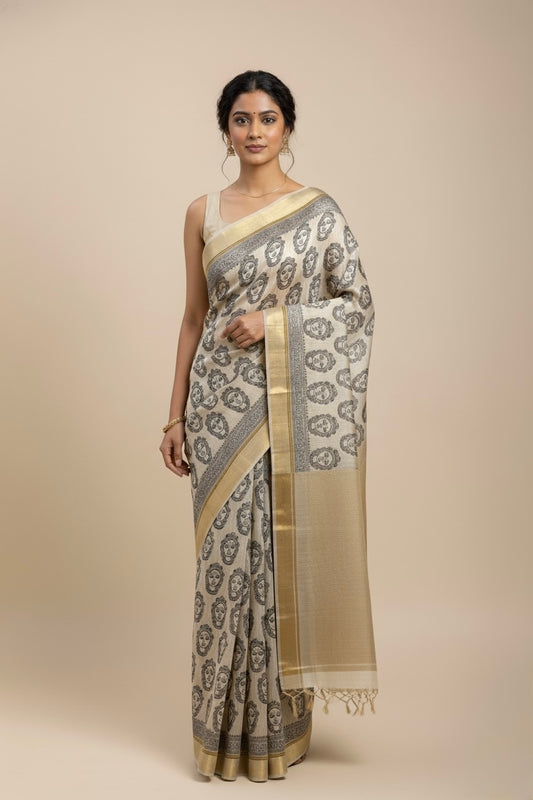 BEIGE PURE MUNGA SILK PRINTED SAREE WITH ZARI BORDER