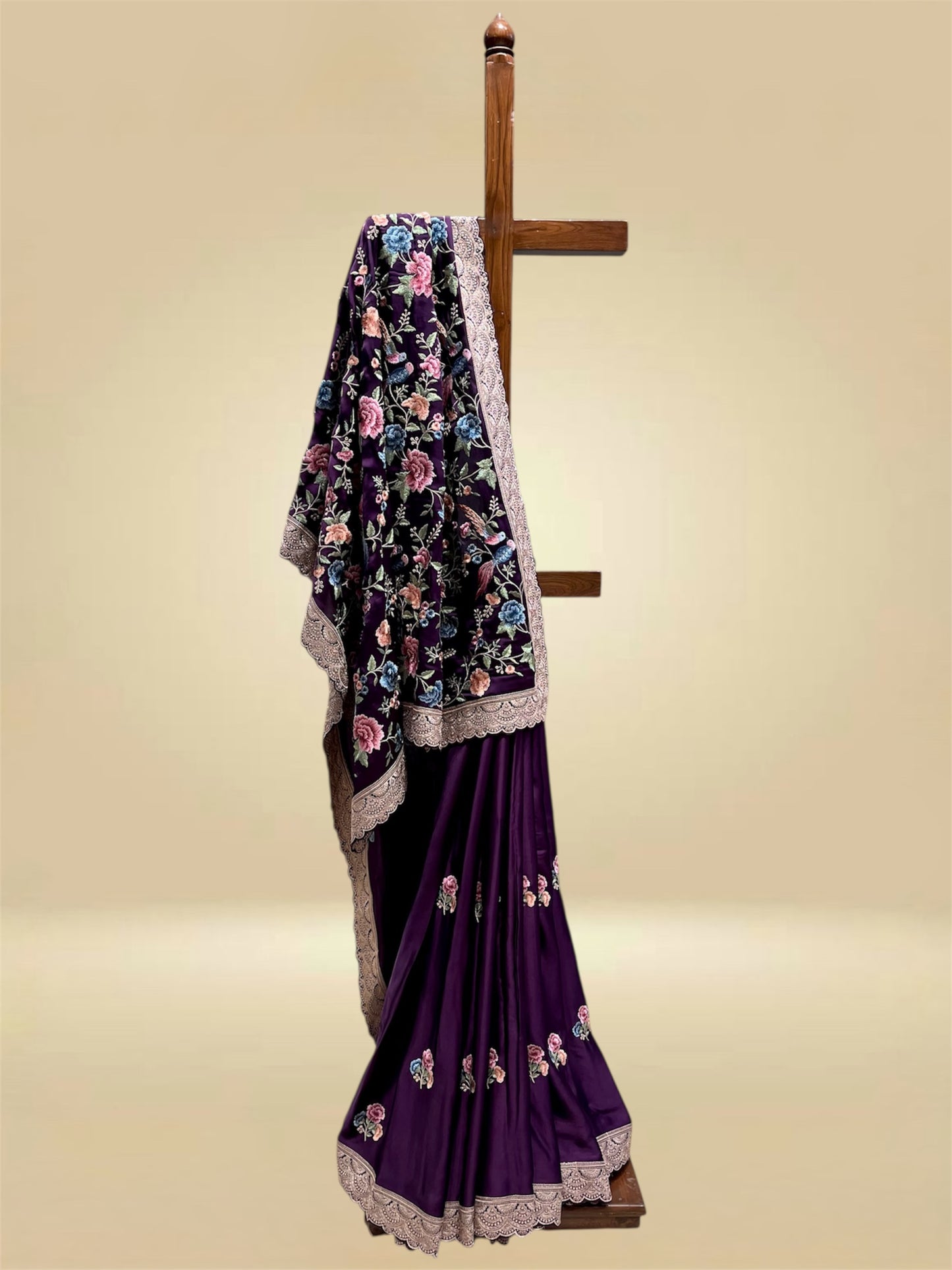 RAISIN PURPLE SATIN SILK PARSI EMBROIDERED SAREE (DELIVERY IN 20 DAYS)