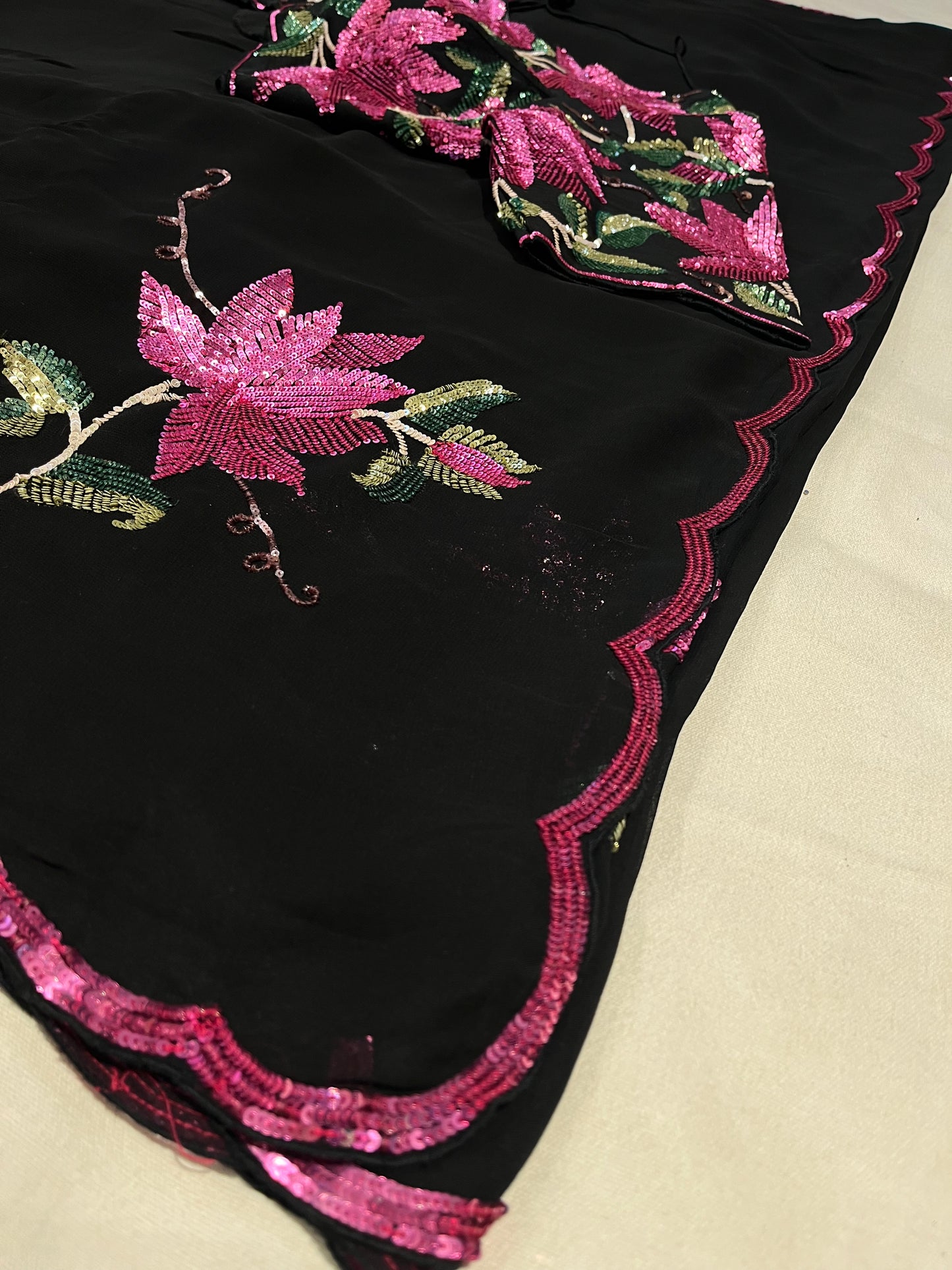 BLACK PURE GEORGETTE SAREE WITH SEQUIN-EMBROIDERED MOTIFS & READYMADE BLOUSE (DELIVERY IN 20 DAYS)