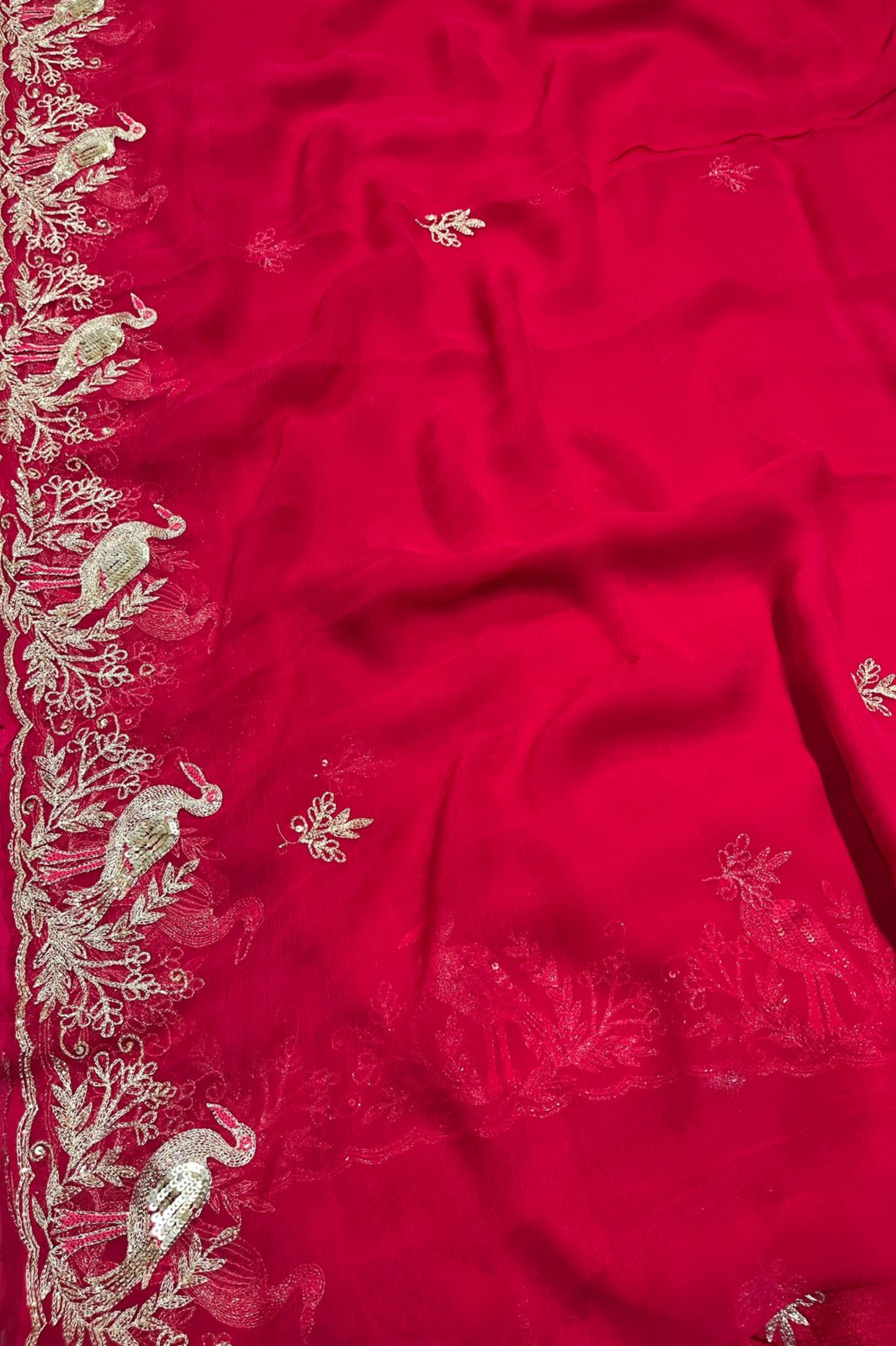 (DELIVERY IN 30 DAYS ) RED COLOUR CHIFFON EMBROIDERED SAREE