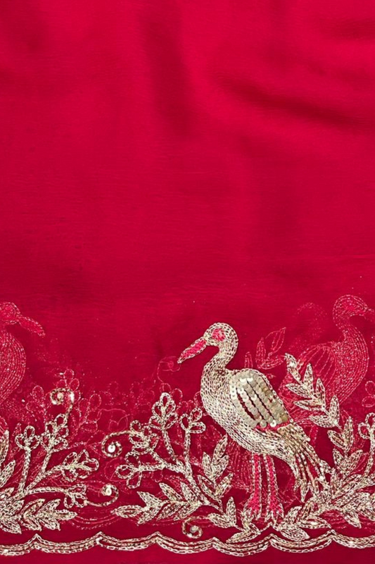 RED COLOUR CHIFFON EMBROIDERED SAREE (DELIVERY IN 30 DAYS)