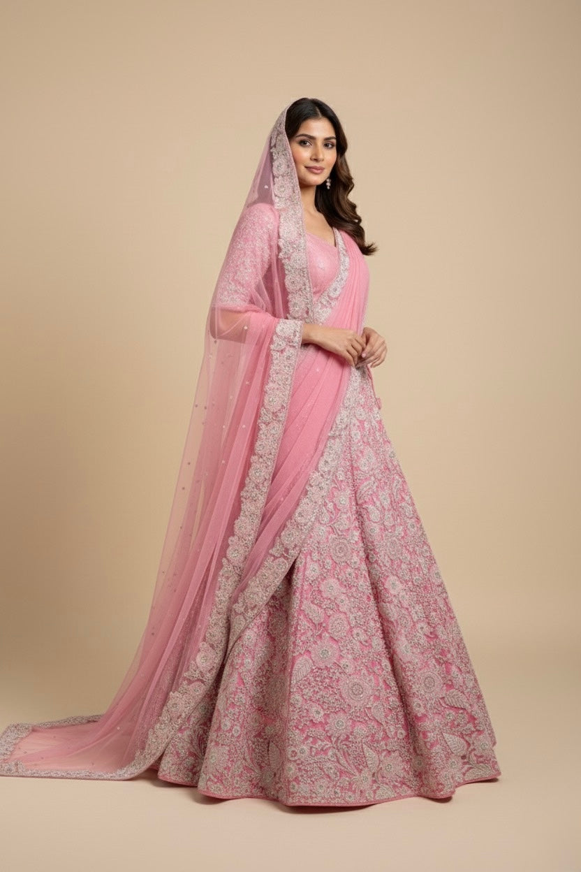 VIBRANT PINK NET LEHENGA WITH IVORY ORGANZA APPLIQUÉ WORK ACCENTED WITH PEARLS, BEADS & MIRRORS