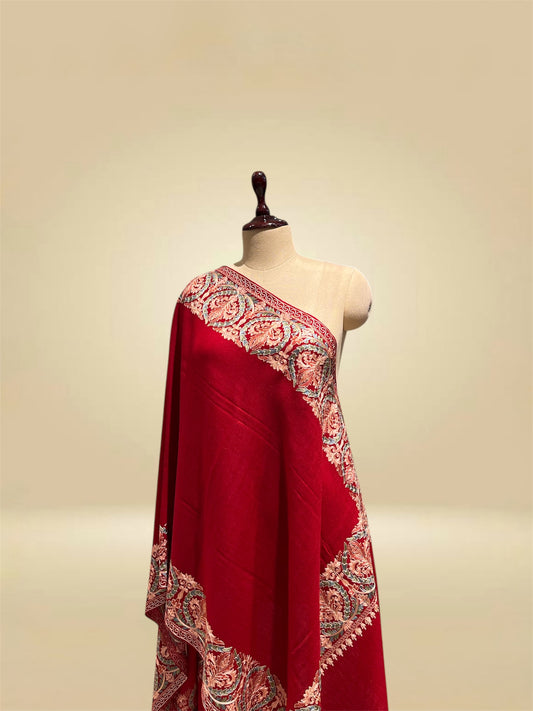 RED WOOLLEN SHAWL WITH KASHMIRI RESHAM EMBROIDERED BORDER