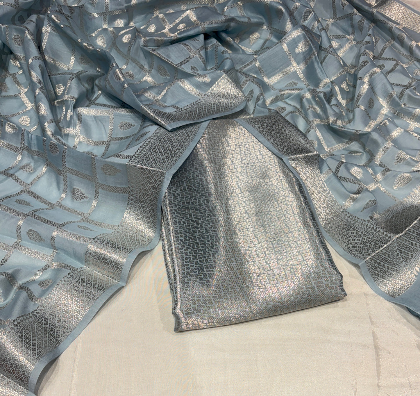 PASTEL BLUE CHANDERI UNSTITCHED SUIT SET (2 PIECE -KURTA & DUPATTA)