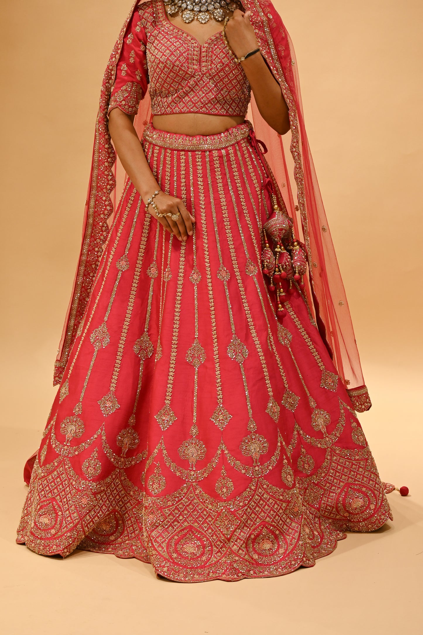 RANI HAND-EMBROIDERED BRIDAL LEHENGA WITH READYMADE BLOUSE, NET DUPATTA & EMBROIDERED TASSELS