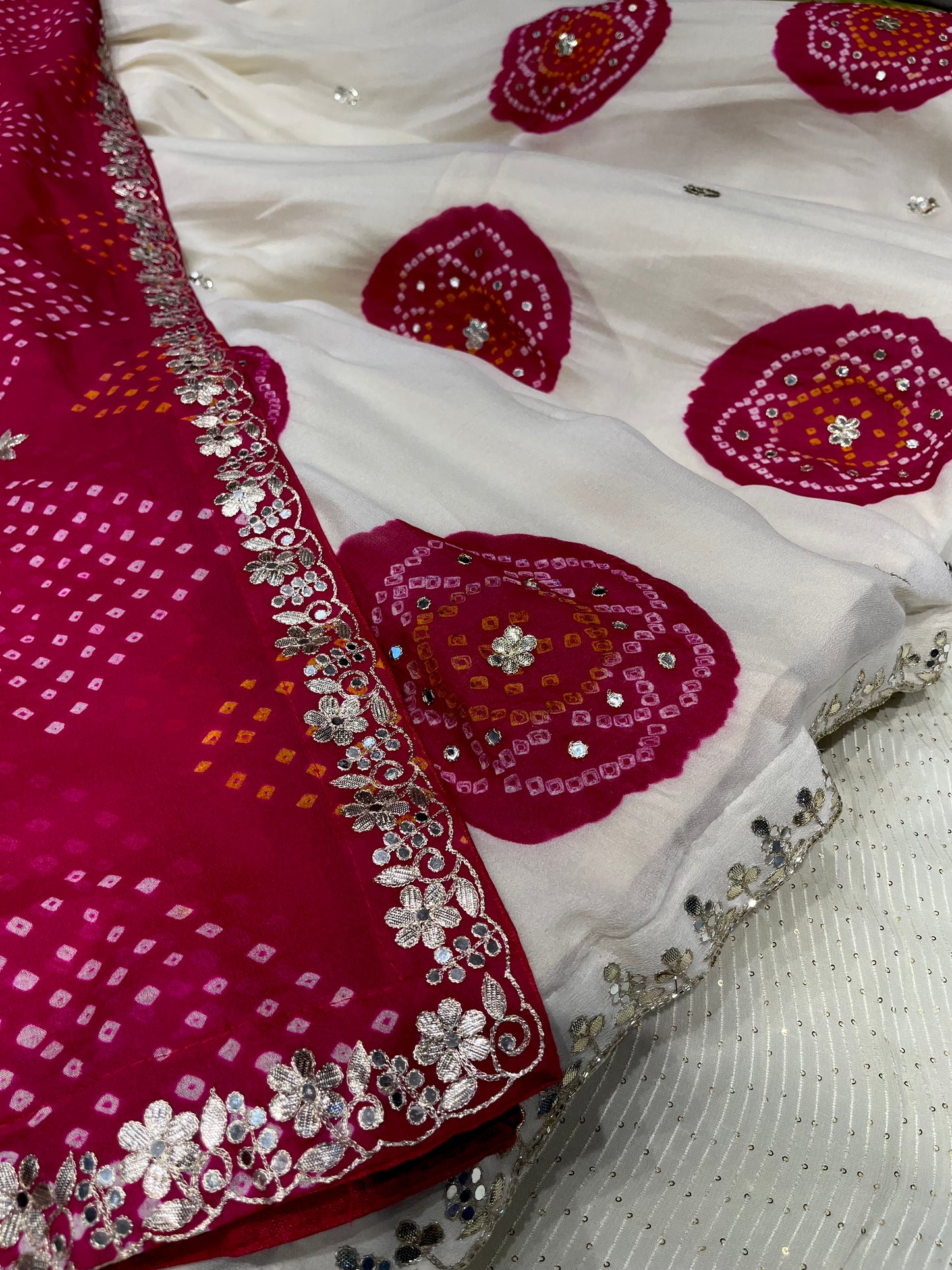 WHITE & RANI PINK GEORGETTE OJARIYA LEHENGA EMBELLISHED WITH GOTA PATTI WORK