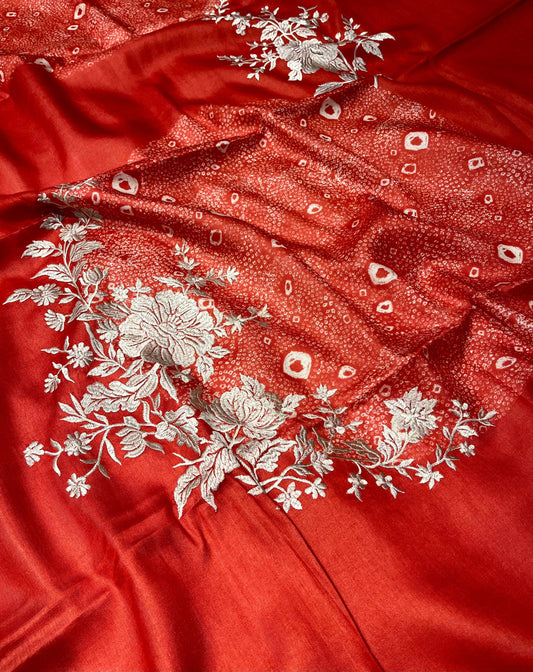 TERRACOTTA RED COLOUR PURE TUSSAR SILK SAREE WITH PARSI EMBROIDERY