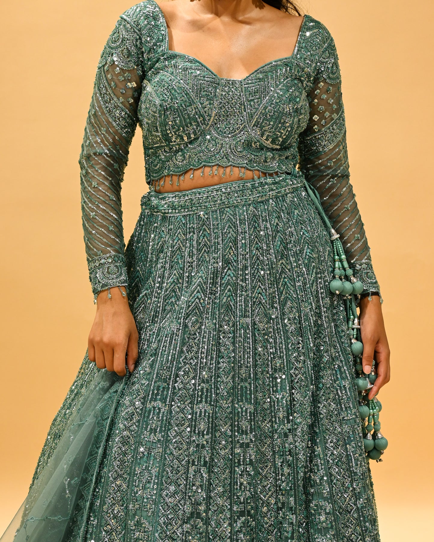 TEAL GREEN SEQUIN EMBROIDERED READY-TO-WEAR LEHENGA WITH CROP TOP & DUPATTA