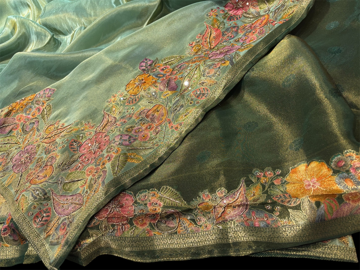 SEA GREEN TISSUE SAREE WITH RANGKAT ZARDOZI BORDER