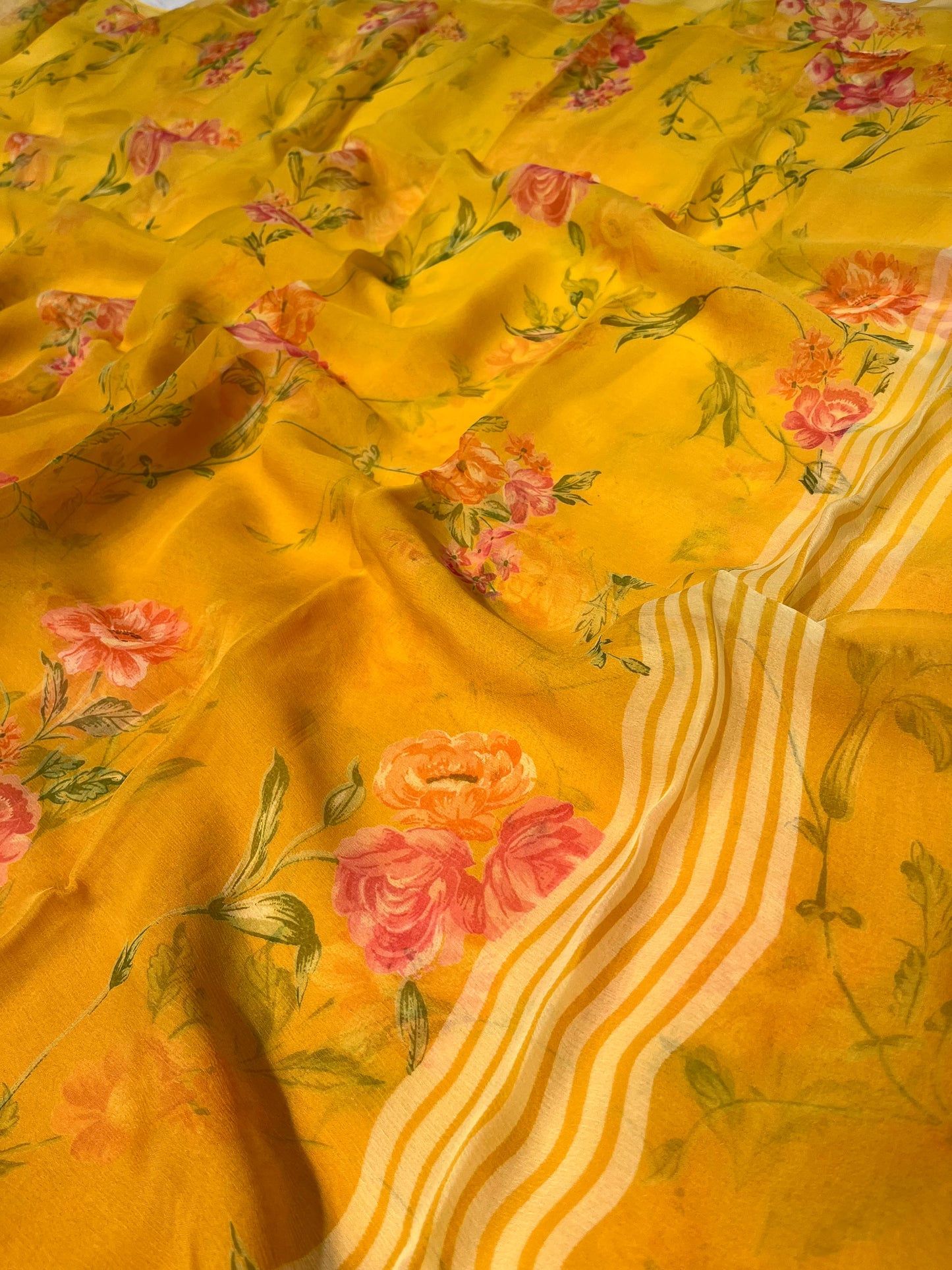 MUSTARD COLOUR SHADED CHIFFON FLORAL PRINTED SAREE