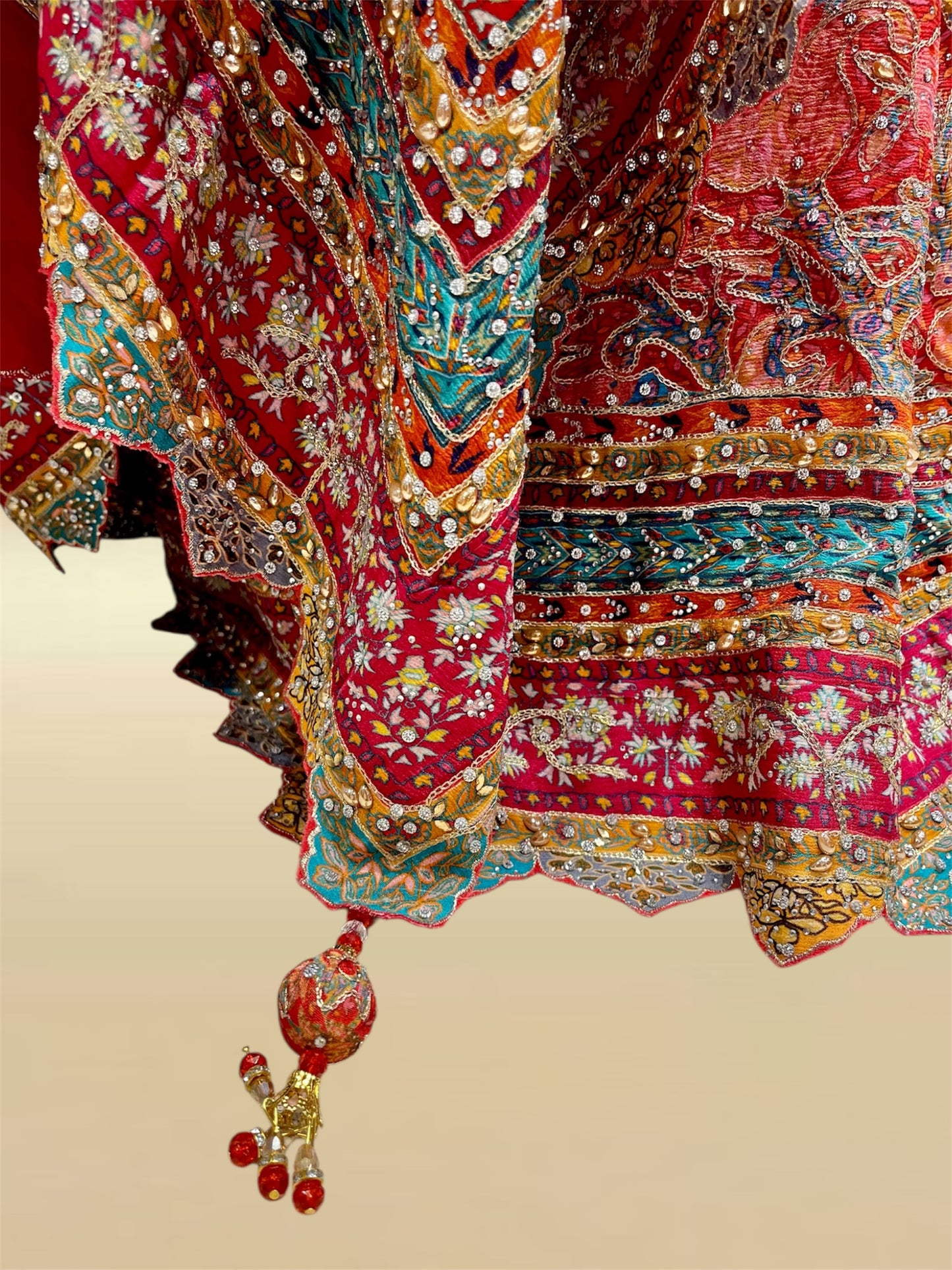 MULTICOLOURED CHINON SAREE EMBELLISHED WITH SEQUINS & BEADS WORK, PAIRED WITH A READYMADE BLOUSE