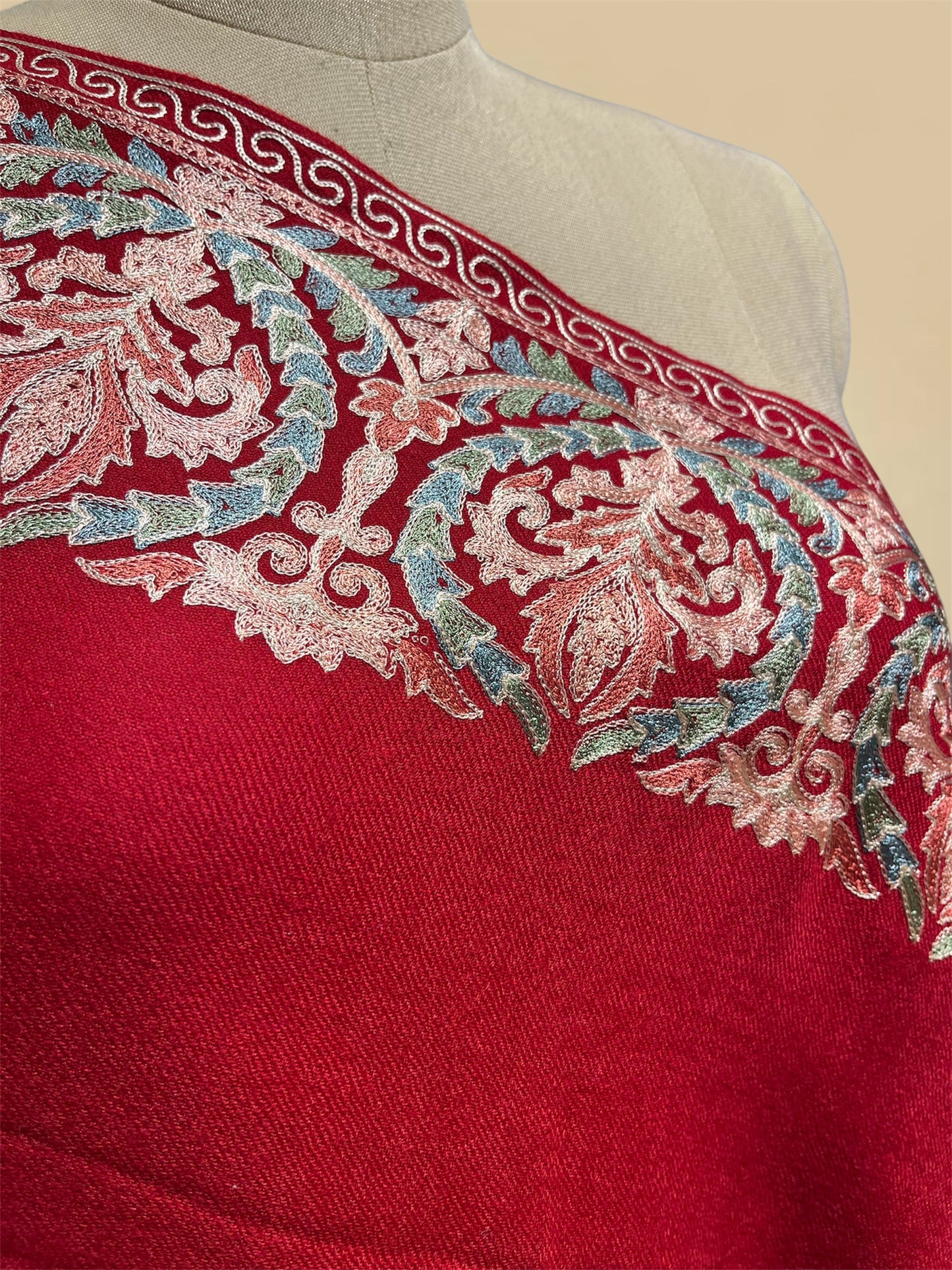 RED WOOLLEN SHAWL WITH KASHMIRI RESHAM EMBROIDERED BORDER