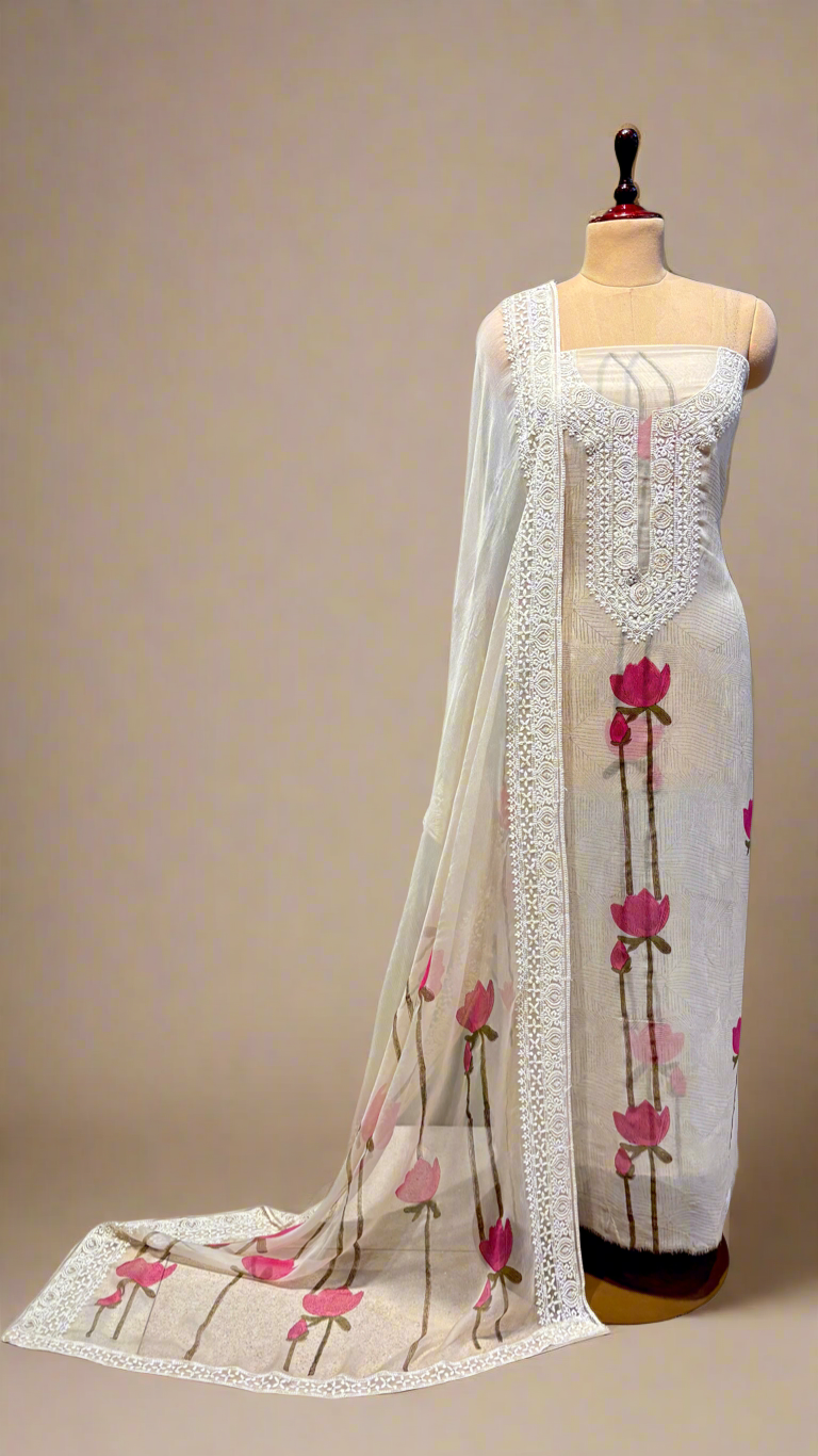 IVORY GEORGETTE SELF-RESHAM EMBROIDERED UNSTITCHED SUIT WITH PINK LOTUS PRINT