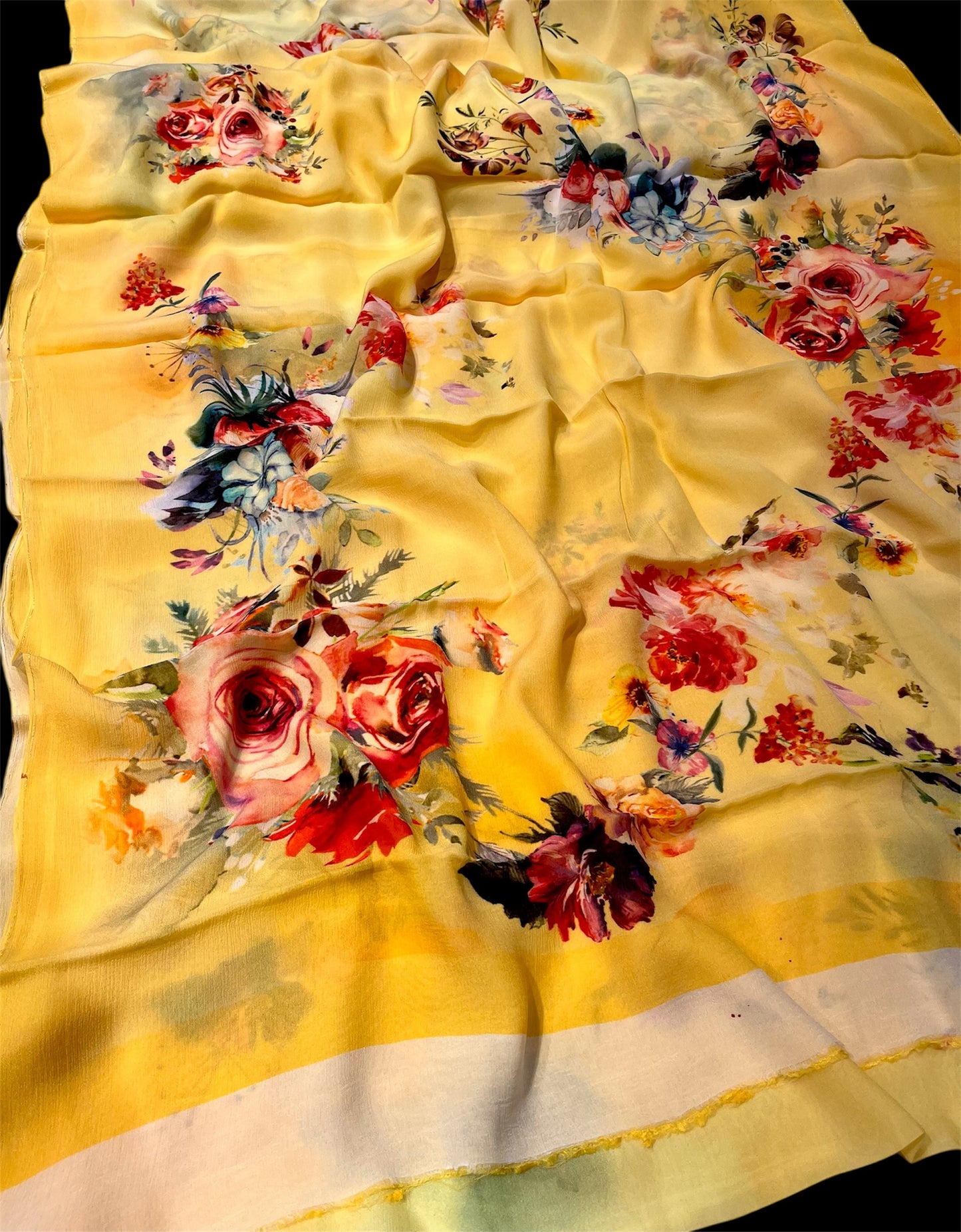 YELLOW CHINON PRINTED SAREE PAIRED WITH A PLAIN CREPE BLOUSE (DELIVERY IN 20 DAYS)
