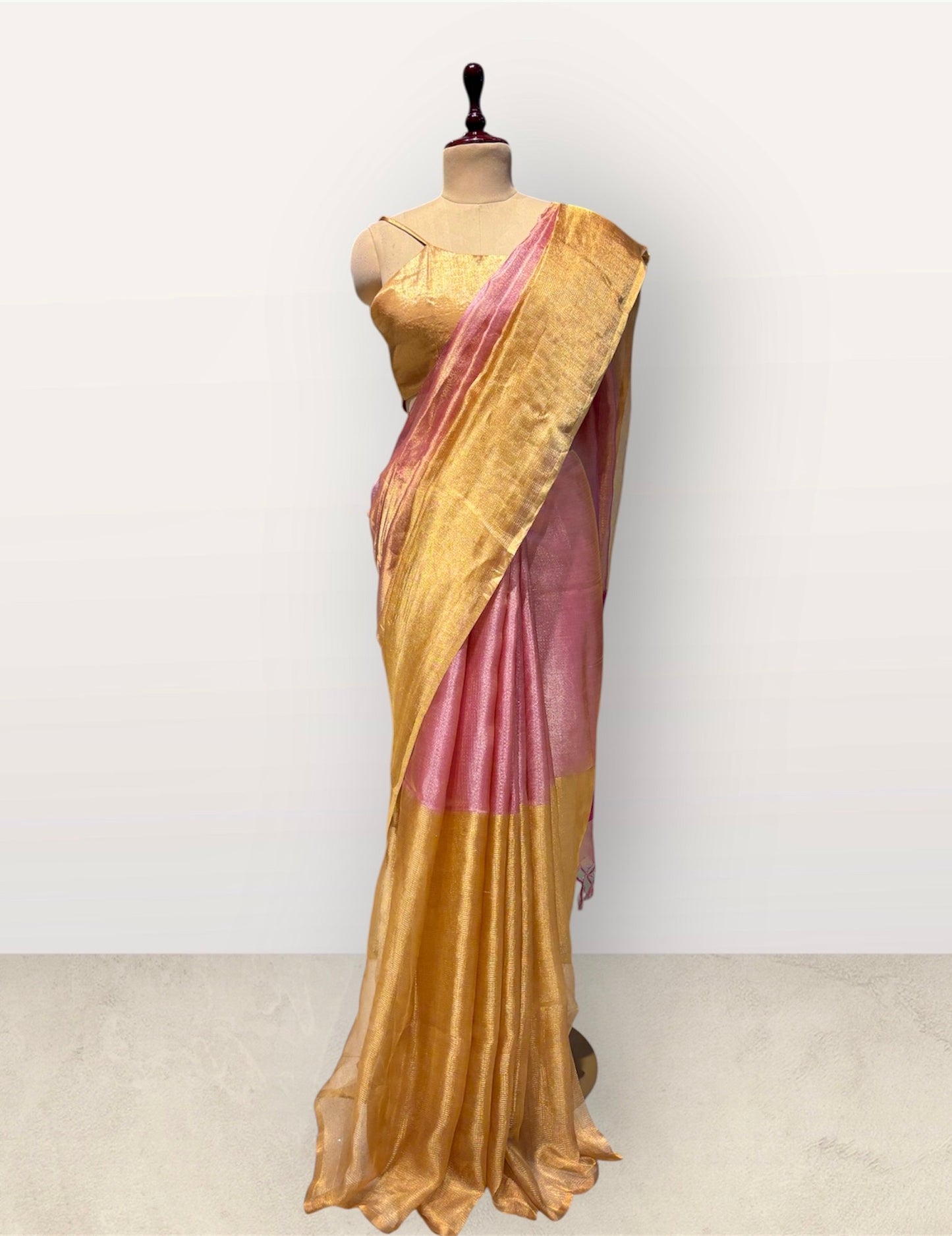 GOLDEN MACLENO & PINK TISSUE SAREE WITH FUCHSIA COLOUR RAW SILK PALLA