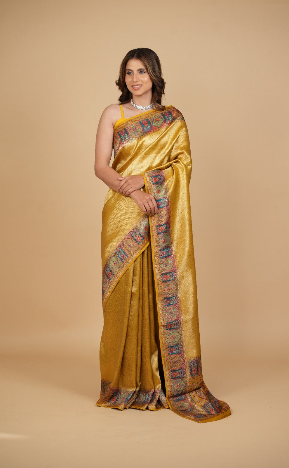 MUSTARD-GOLD DRILL WEAVE SILK SAREE WITH KANI WEAVE BORDER & PALLA