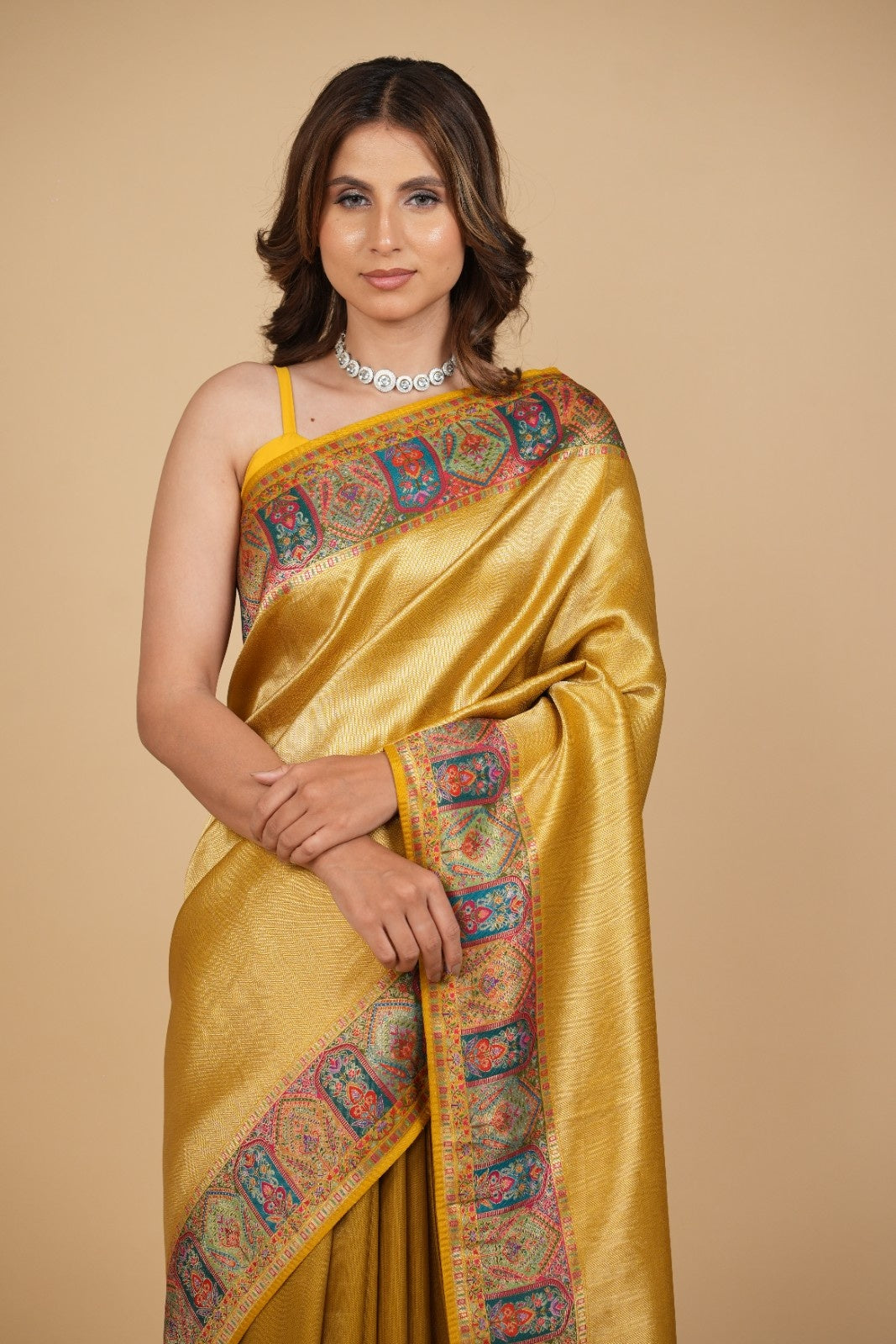MUSTARD-GOLD DRILL WEAVE SILK SAREE WITH KANI WEAVE BORDER & PALLA