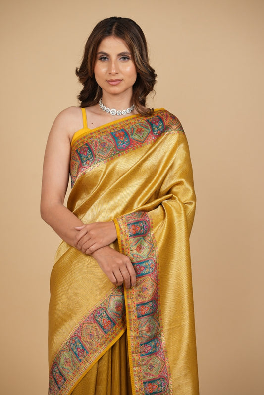 MUSTARD-GOLD DRILL WEAVE SILK SAREE WITH KANI WEAVE BORDER & PALLA