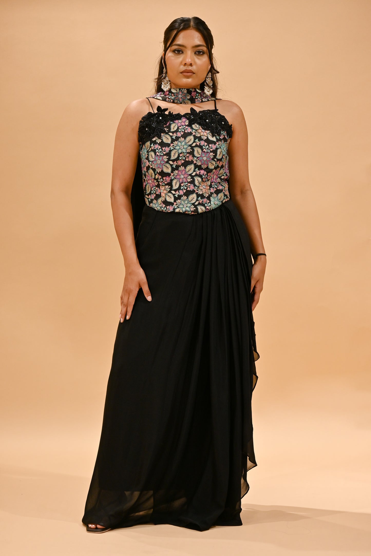 BLACK FLORAL EMBROIDERED BLOUSE & DRAPED SKIRT SET