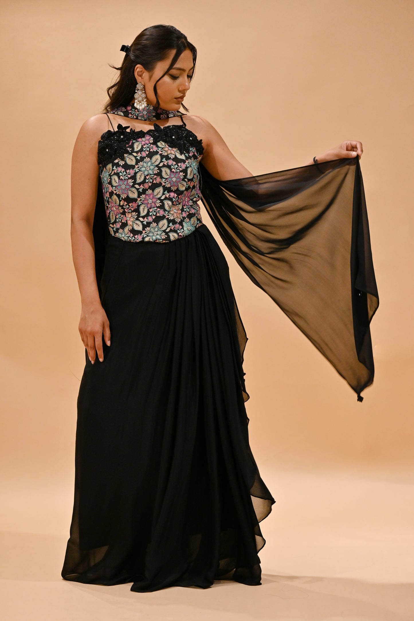 BLACK FLORAL EMBROIDERED BLOUSE & DRAPED SKIRT SET